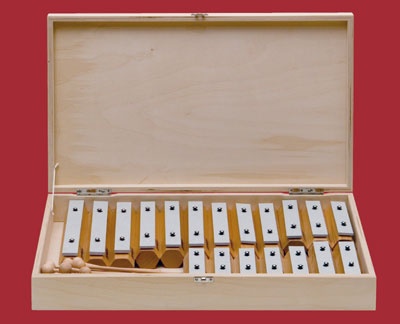 Satz mit 19 Klangbausteinen aus Buche, Klangplatten aus Aluminium, in Holzbox