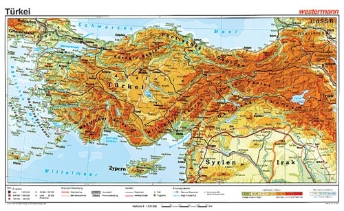 Wandkarte Türkei, physisch, 160x100 cm