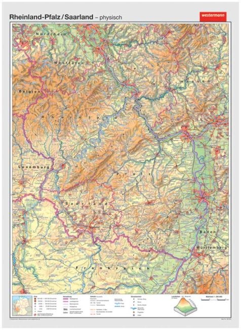 Wandkarte Rheinland-Pfalz/Saarland, physisch/politisch