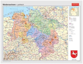 Wandkarte Niedersachsen, phys/pol., 190x147 cm, mit Bestäbung